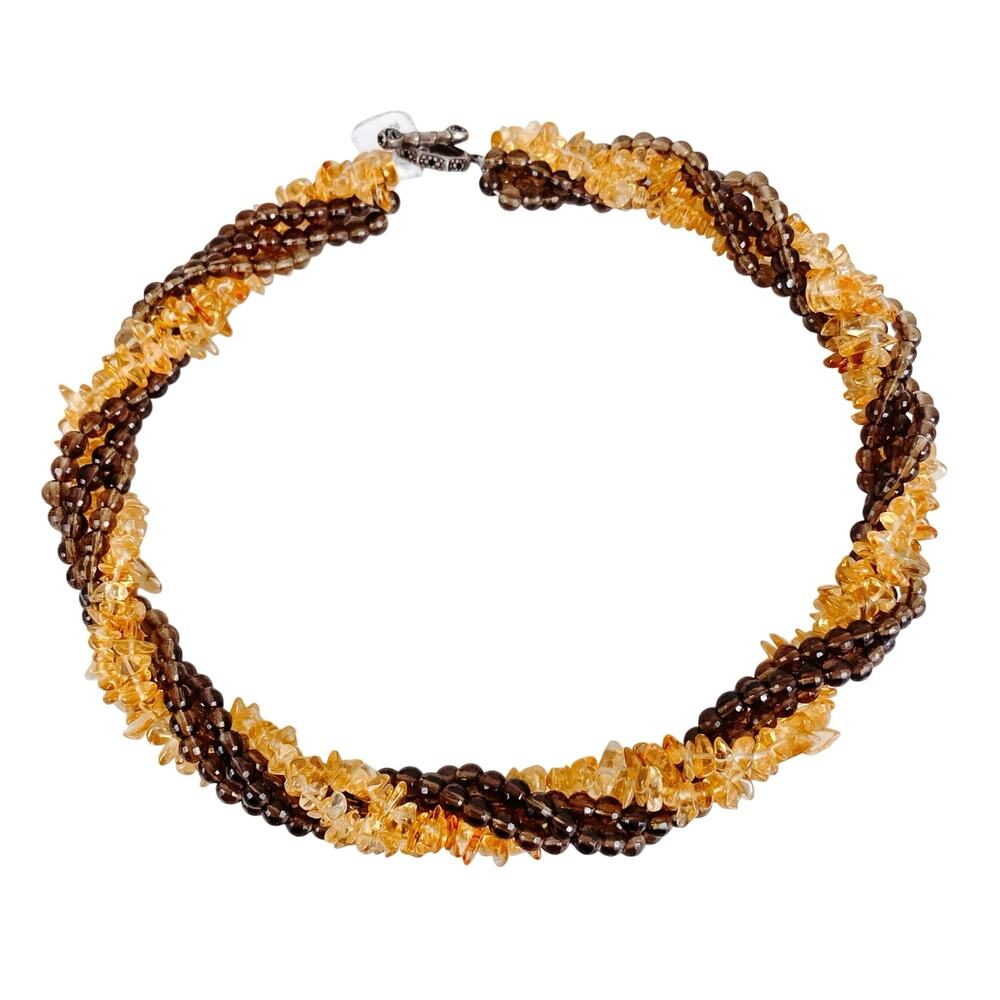 VTG Necklace Sterling Clasp Citrine and Smoky Quartz Beads, 90s Choker, Princess